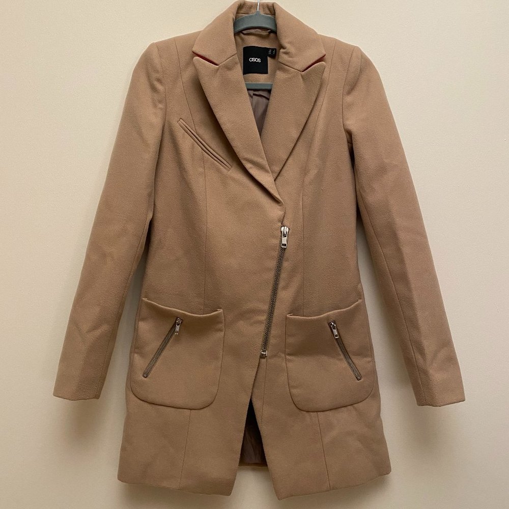 Women's ASOS Mid length Asymmetrical Zipper Coat Beige Hot Pink Collar US Size 0